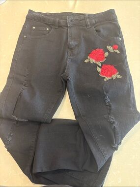 Black Women's Jeans with Red Rose Embroidery